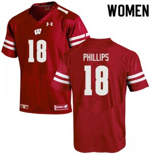 Women's Wisconsin Badgers NCAA #18 Cam Phillips Red Authentic Under Armour Stitched College Football Jersey ZJ31V28GU